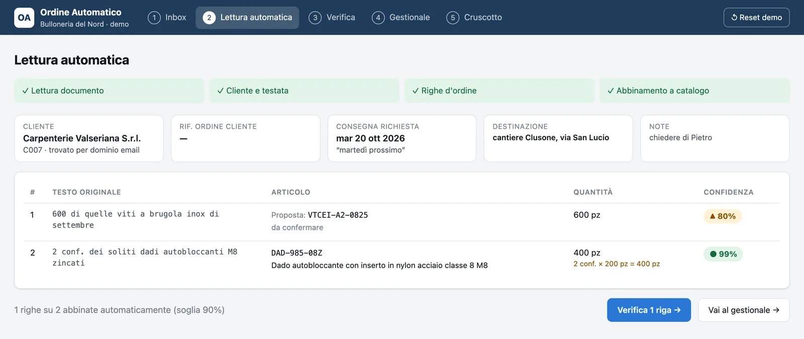 Lettura automatica dell'email con le righe abbinate al catalogo.